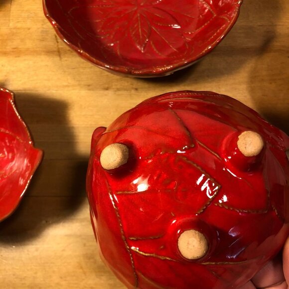 Set of 7 Red Leaf Poinsettia Serving Bowls Ceramic Glazed Holiday Christmas - Picture 8 of 10